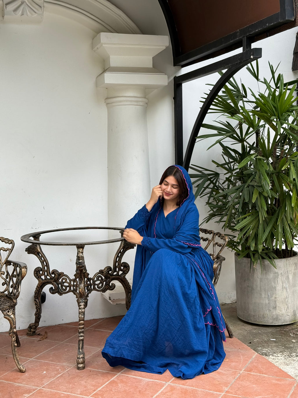Royal blue with pink scalloped dupatta