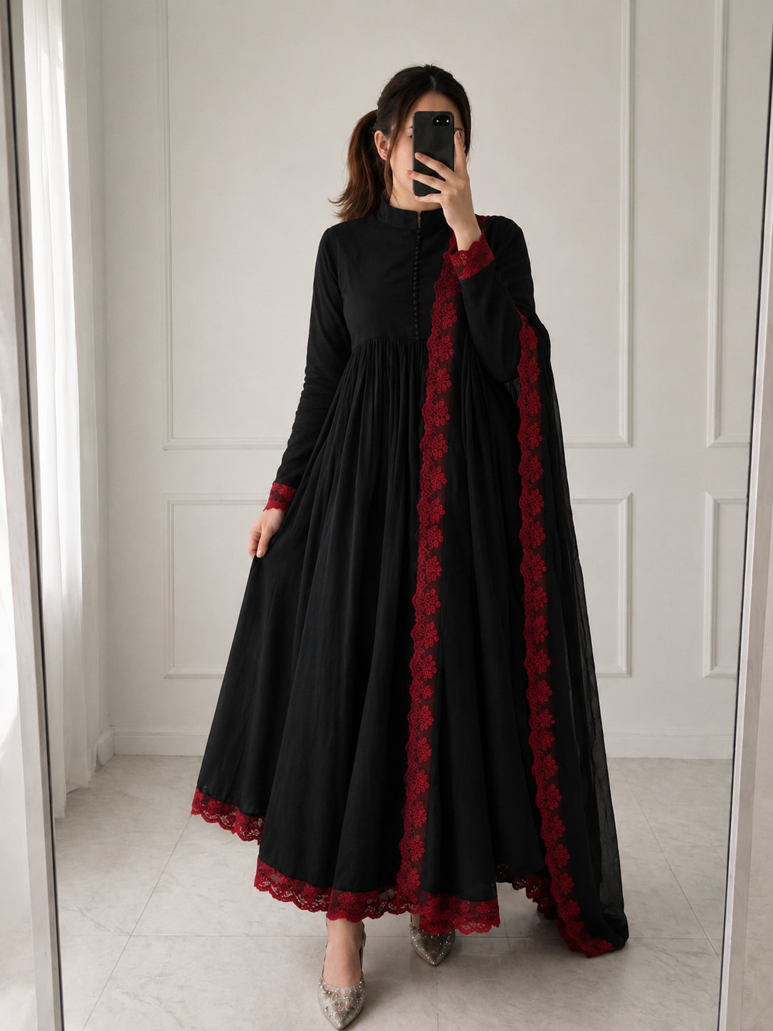 Black and Red combo Mulchanderi anarkali suit