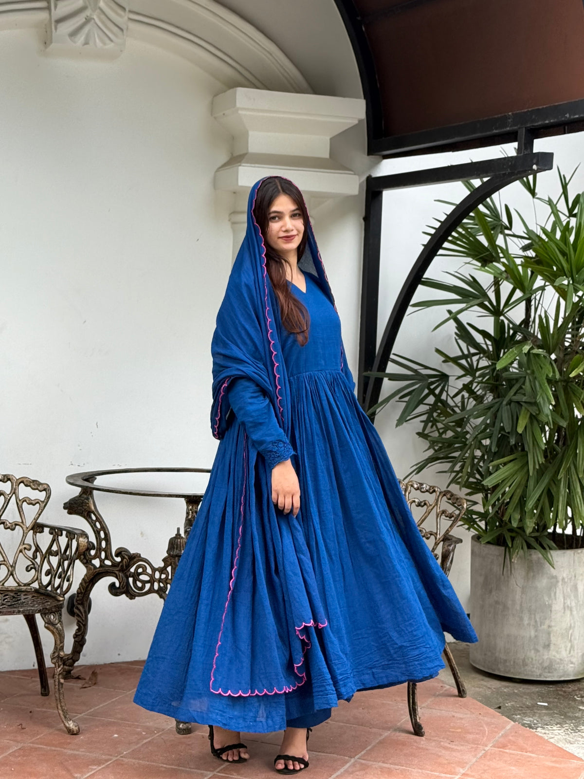 Royal blue with pink scalloped dupatta