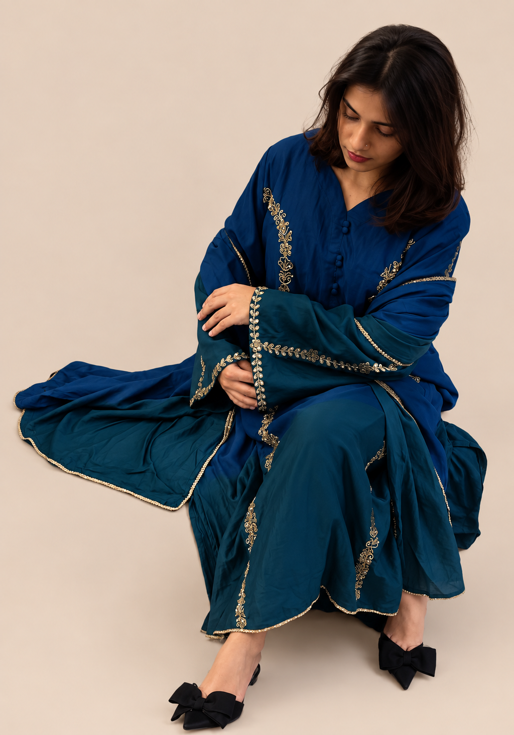Blue and green double shaded mulchanderi suit