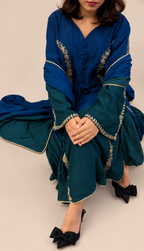 Blue and green double shaded mulchanderi suit