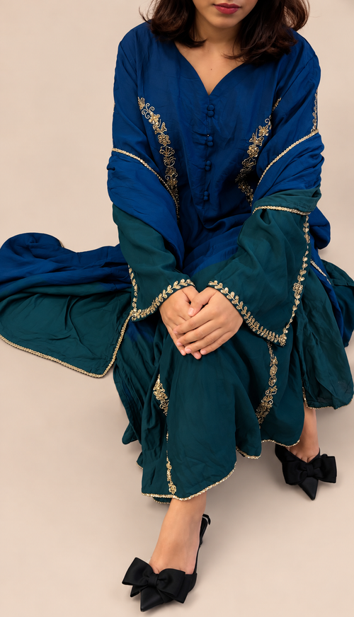 Blue and green double shaded mulchanderi suit
