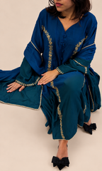 Blue and green double shaded mulchanderi suit