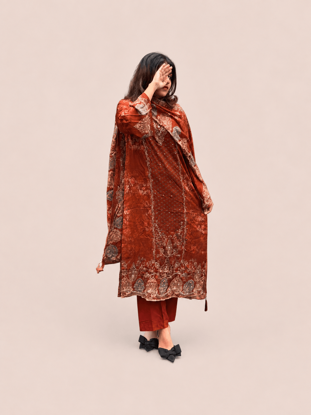 Orange pure muslin suit